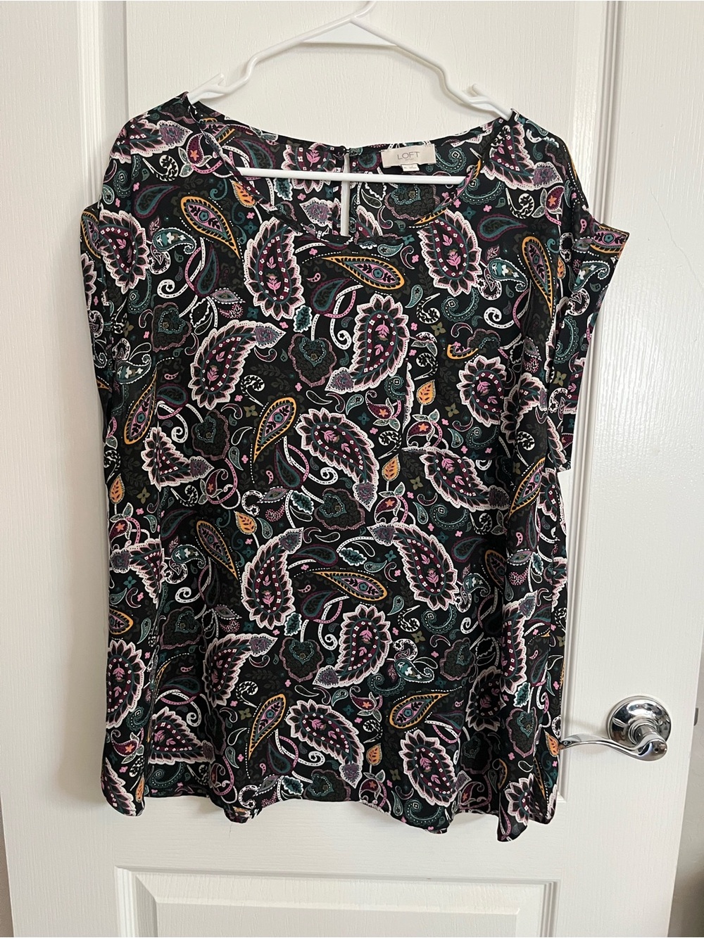 LOFT Black Paisley A-Line Skirt with Pink and Green Accents